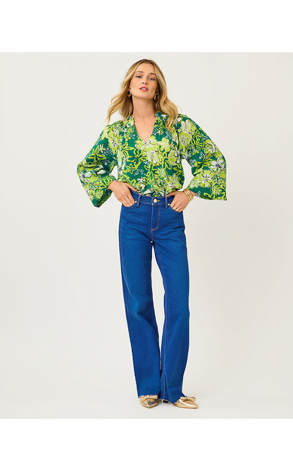 LOURDES LONG SLEEVE TOP, FIDDLE LEAF GREEN ONCE AND FLORAL