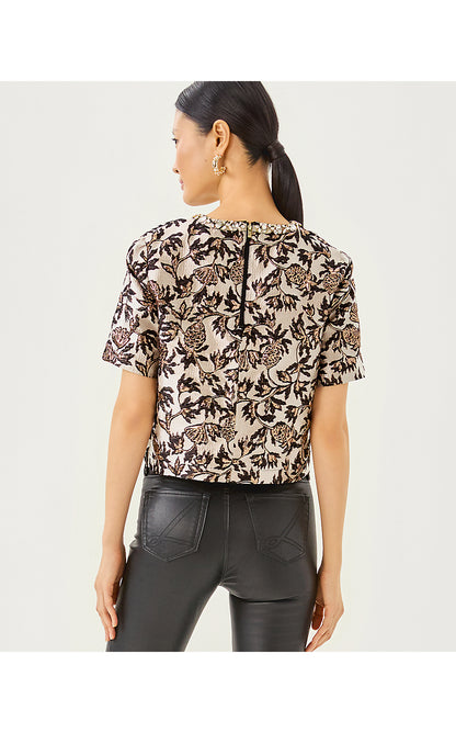 FOLIE CROPPED TOP, NOIR PINEAPPLE PUFF METALLIC JACQUARD