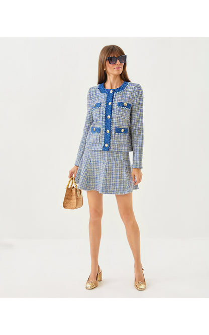 CAMMI BOUCLE MINI SKIRT, TANGIER TEAL OCEAN DEEP LUREX BOUCLE