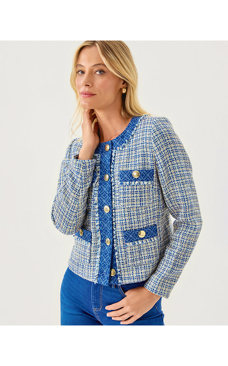 ASCENA BOUCLE JACKET, TANGIER TEAL OCEAN DEEP LUREX BOUCLE