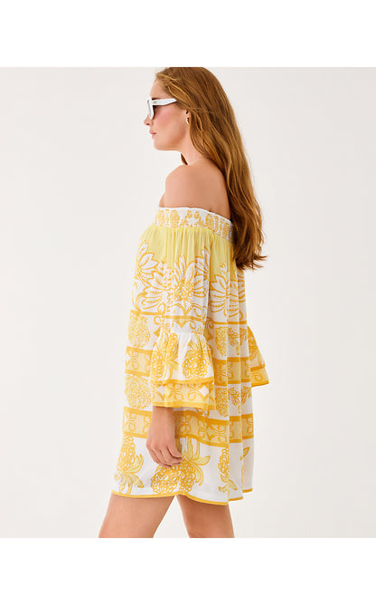 KAORI DRESS, GOLDEN GLOW JUICY STORY ENGINEERED WOVEN DRESS
