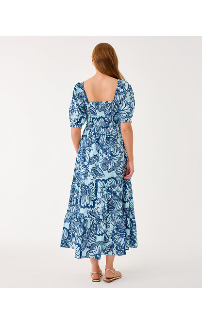 HADLY SHORT SLEEVE SMOCKED DRESS, STARLIGHT NAVY PROUD AS A PEACOCK STRIPE