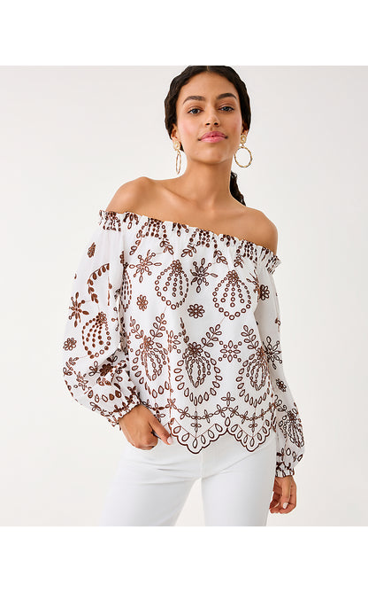 KETSIA EYELET OFF THE SHOULDER TOP, FRENCH ROAST ENGINEERED MEDALLION EYELET