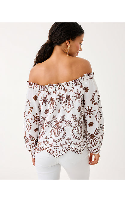 KETSIA EYELET OFF THE SHOULDER TOP, FRENCH ROAST ENGINEERED MEDALLION EYELET