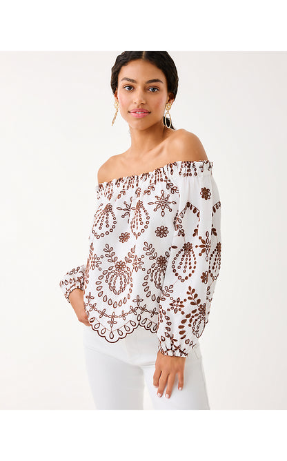 KETSIA EYELET OFF THE SHOULDER TOP, FRENCH ROAST ENGINEERED MEDALLION EYELET