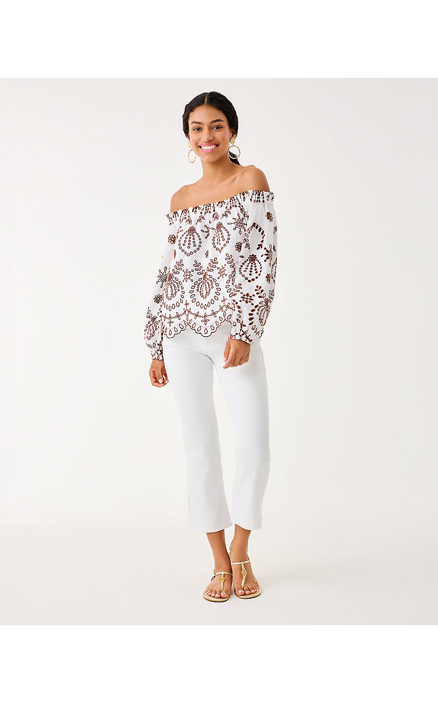 KETSIA EYELET OFF THE SHOULDER TOP, FRENCH ROAST ENGINEERED MEDALLION EYELET