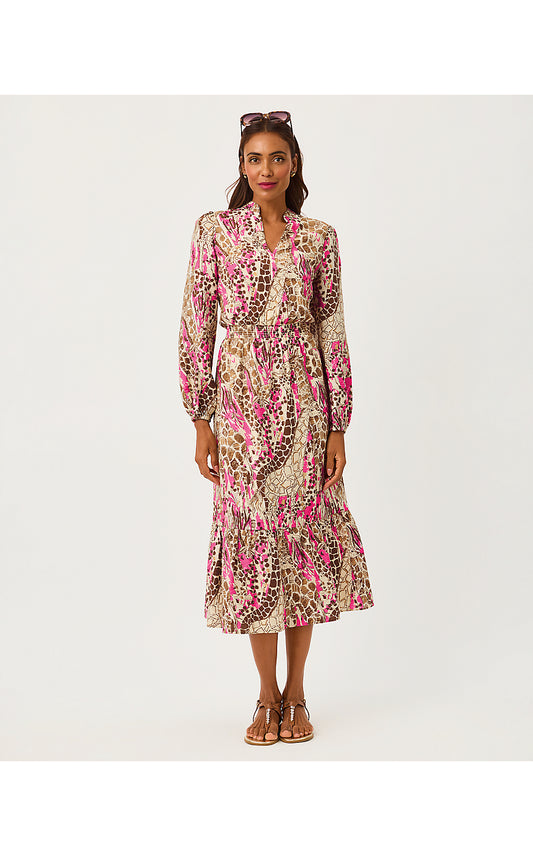 AXTON MIDI DRESS, PINK ASTER SKETCHING ON SAFARI