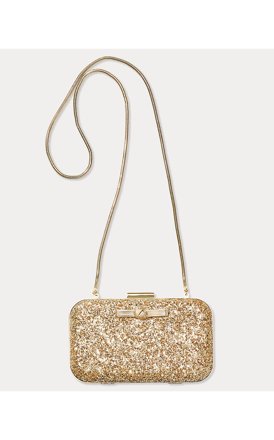 WANDA BOW GLITTER CLUTCH, GOLD METALLIC