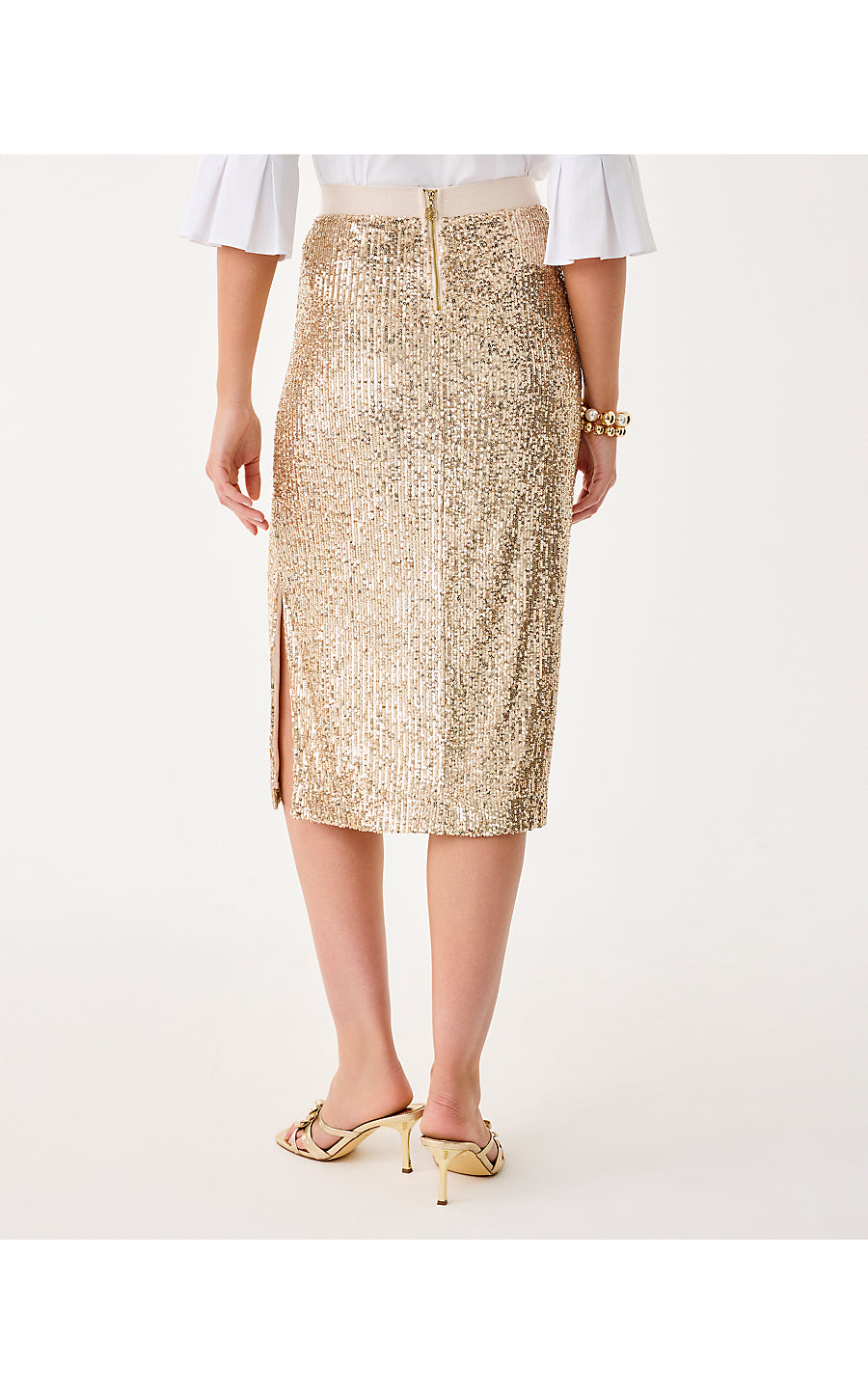KENDRICK MIDI SKIRT, GOLD METALLIC TREASURE BOX SEQUIN KNIT