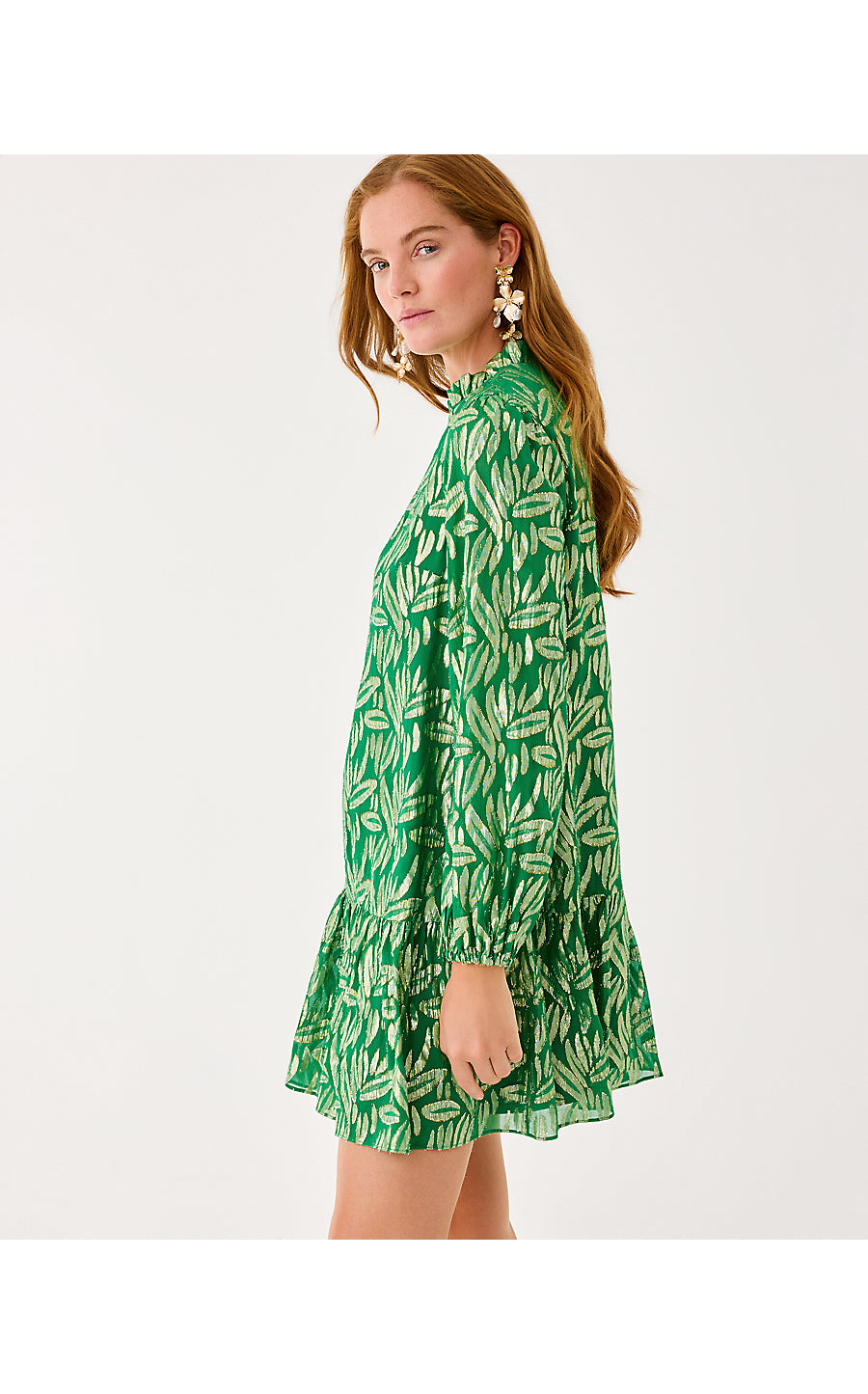 EVALINE SILK DRESS, BAMBOO GREEN LEAFY BABE METALLIC SILK CLIP