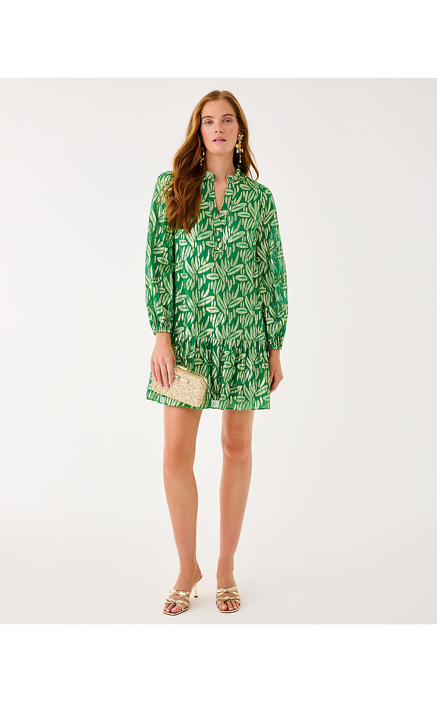 EVALINE SILK DRESS, BAMBOO GREEN LEAFY BABE METALLIC SILK CLIP