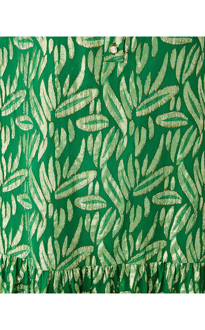 EVALINE SILK DRESS, BAMBOO GREEN LEAFY BABE METALLIC SILK CLIP
