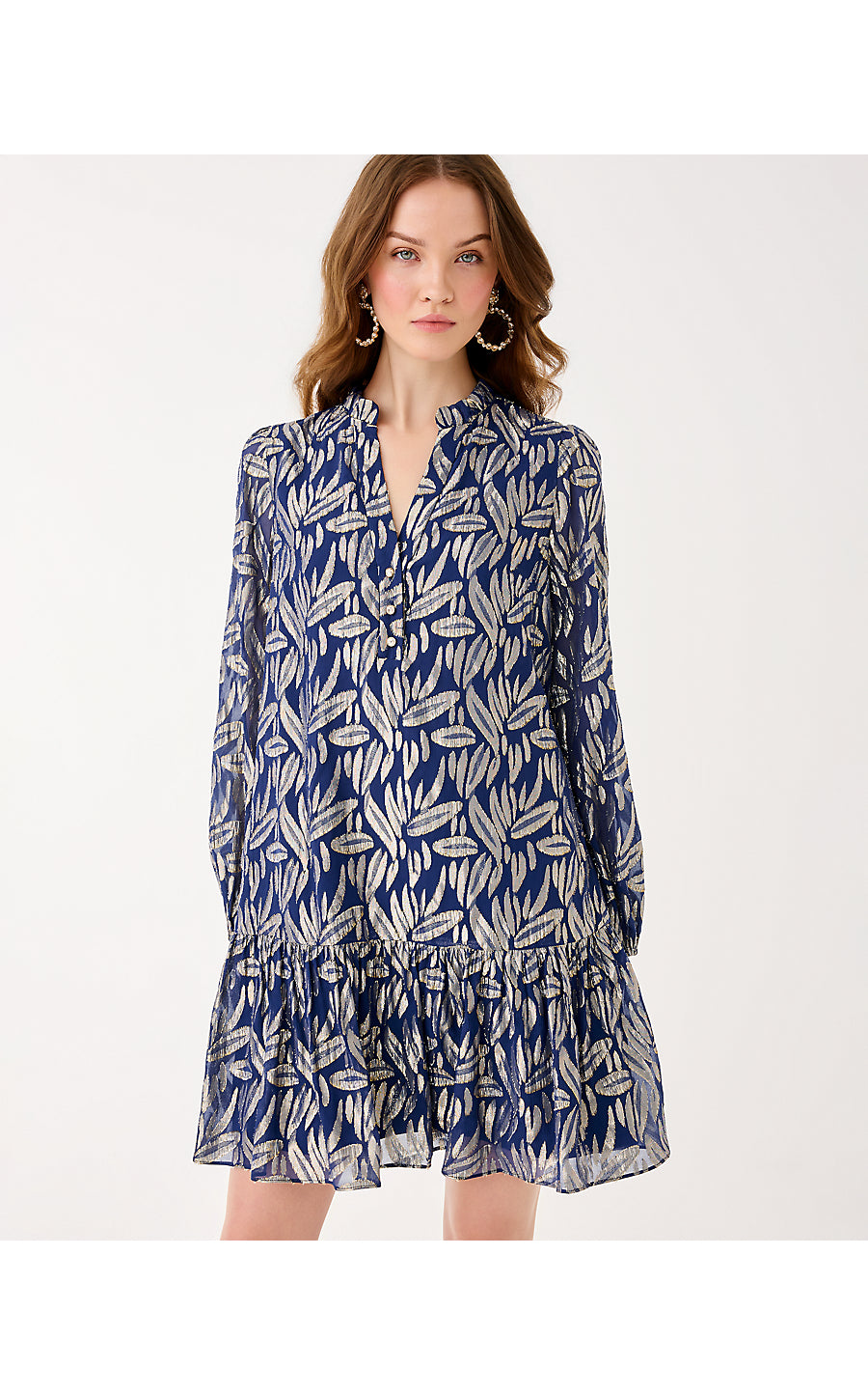 EVALINE SILK DRESS, LOW TIDE NAVY LEAFY BABE METALLIC SILK CLIP