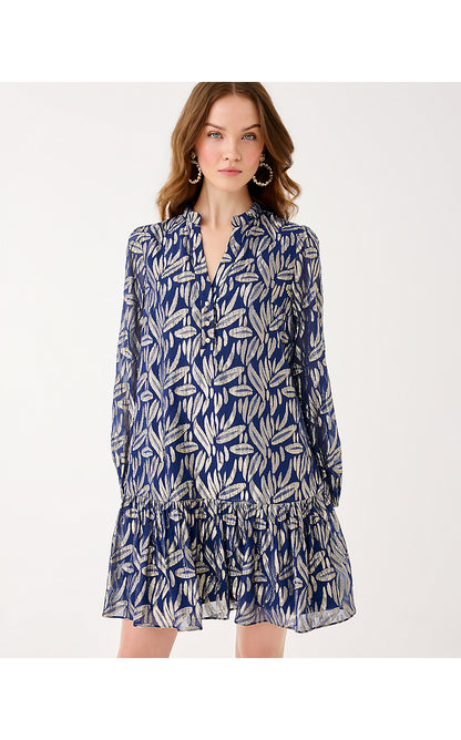 EVALINE SILK DRESS, LOW TIDE NAVY LEAFY BABE METALLIC SILK CLIP