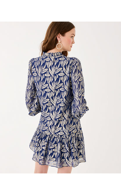 EVALINE SILK DRESS, LOW TIDE NAVY LEAFY BABE METALLIC SILK CLIP