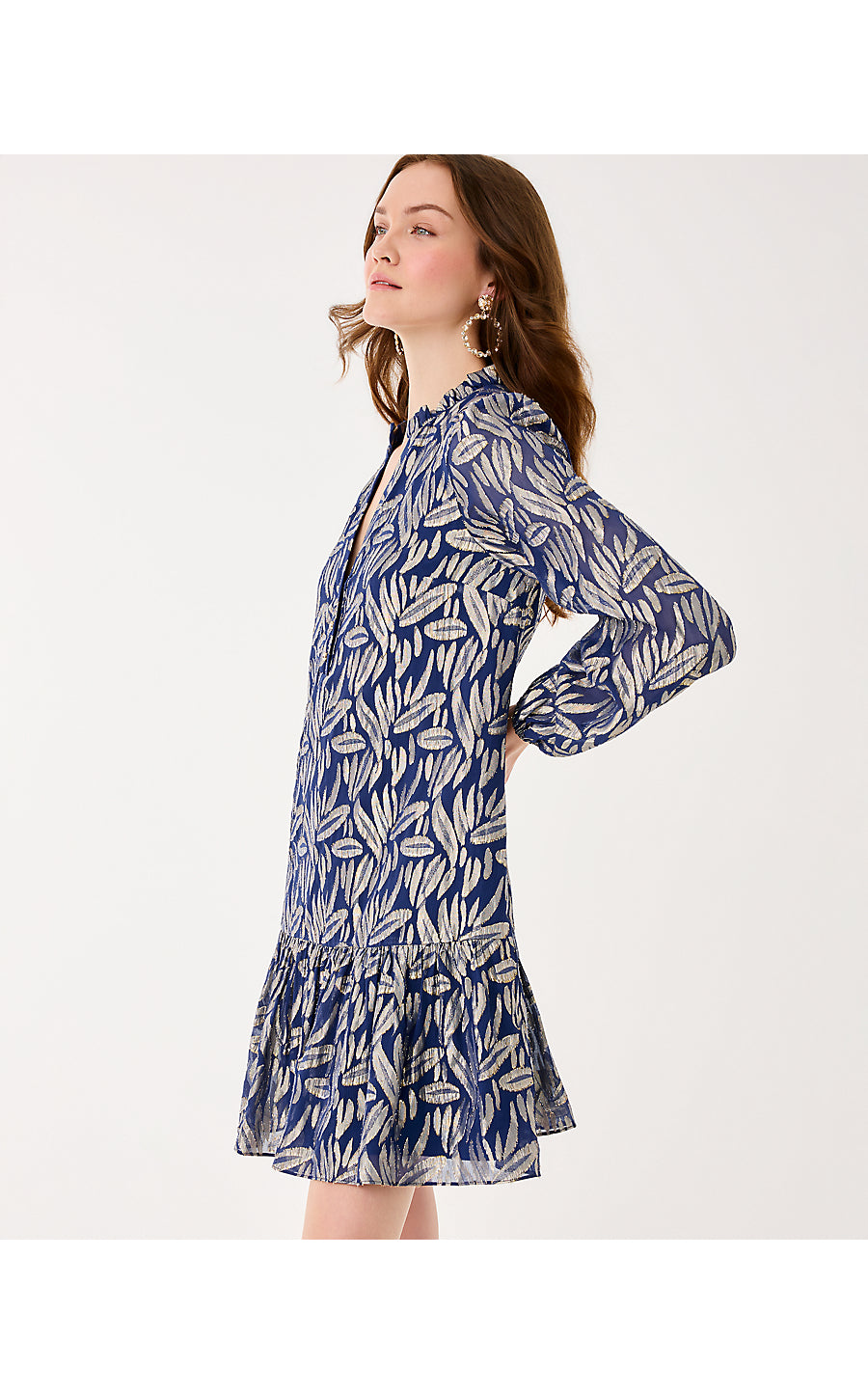 EVALINE SILK DRESS, LOW TIDE NAVY LEAFY BABE METALLIC SILK CLIP