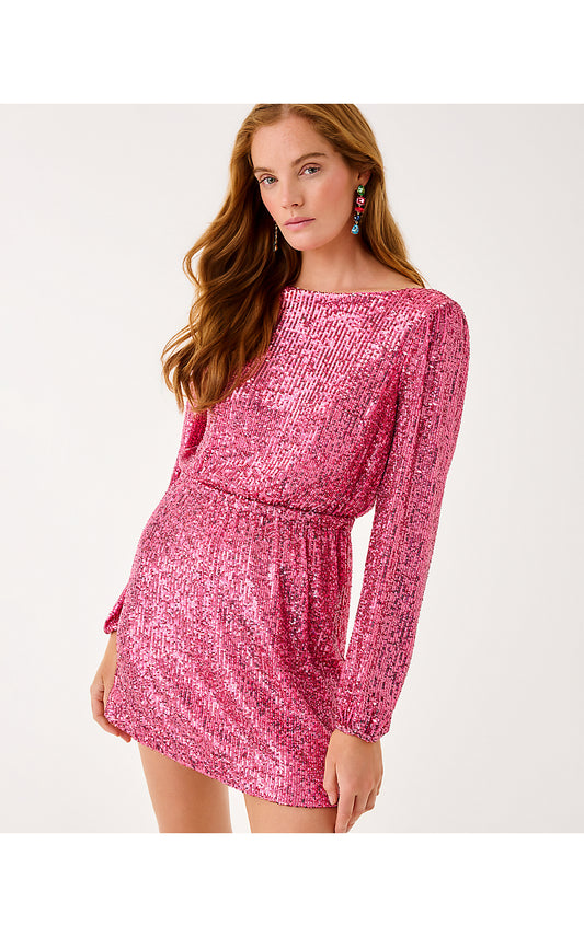 JAN SKIRTED ROMPER, SUN SHELL PINK TREASURE BOX SEQUIN KNIT