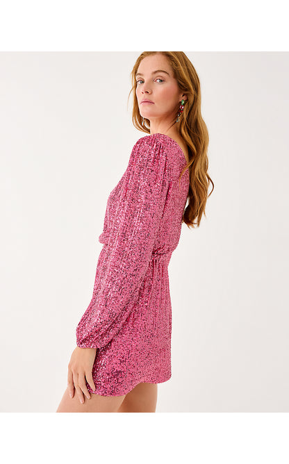 JAN SKIRTED ROMPER, SUN SHELL PINK TREASURE BOX SEQUIN KNIT