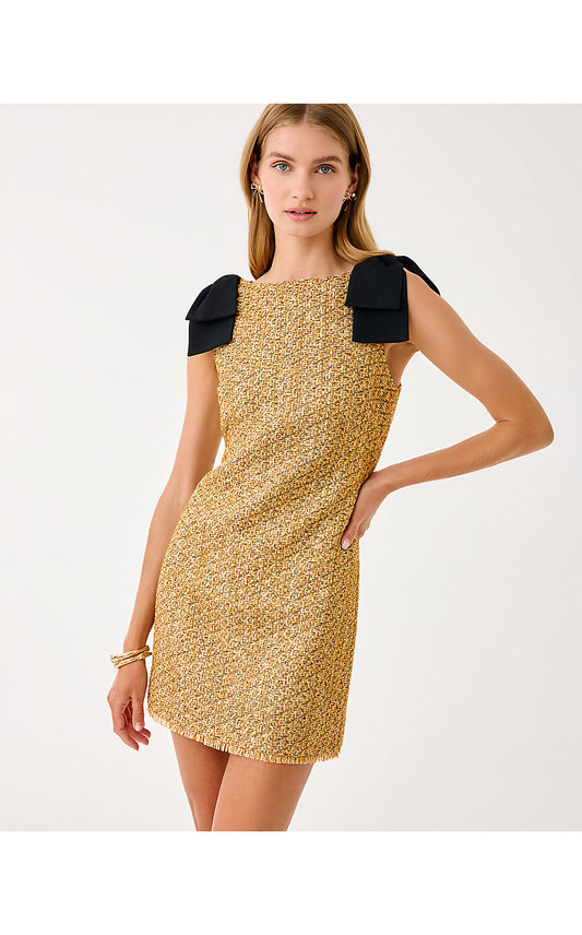 CORA SKIRTED ROMPER, GOLD METALLIC GOLDEN GLOW BOUCLE