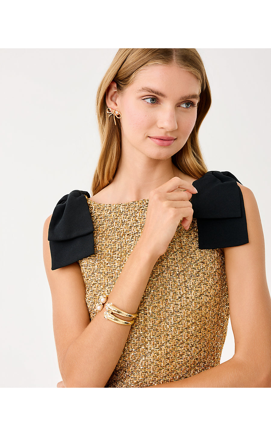 CORA SKIRTED ROMPER, GOLD METALLIC GOLDEN GLOW BOUCLE