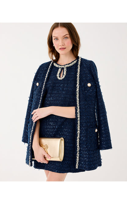 RONAN SKIRTED ROMPER, LOW TIDE NAVY AFTER PARTY LUREX BOUCLE