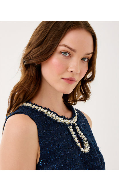 RONAN SKIRTED ROMPER, LOW TIDE NAVY AFTER PARTY LUREX BOUCLE