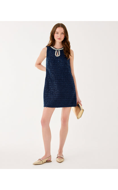 RONAN SKIRTED ROMPER, LOW TIDE NAVY AFTER PARTY LUREX BOUCLE