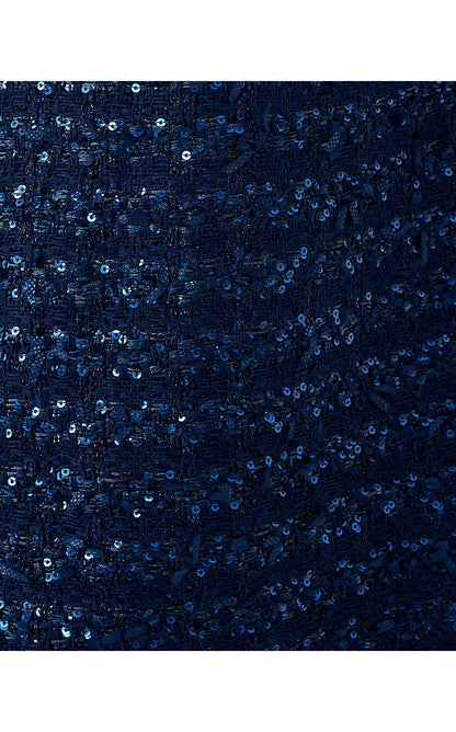 RONAN SKIRTED ROMPER, LOW TIDE NAVY AFTER PARTY LUREX BOUCLE
