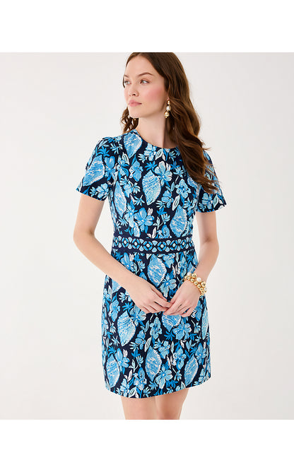 BRYNNE STRETCH SHIFT, LOW TIDE NAVY SEASHELL SPLENDOR ENGINEERED WOVEN SHIFT