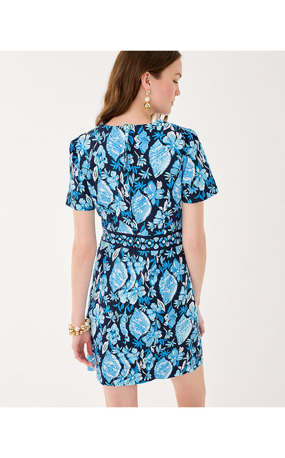 BRYNNE STRETCH SHIFT, LOW TIDE NAVY SEASHELL SPLENDOR ENGINEERED WOVEN SHIFT