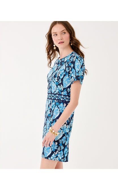 BRYNNE STRETCH SHIFT, LOW TIDE NAVY SEASHELL SPLENDOR ENGINEERED WOVEN SHIFT