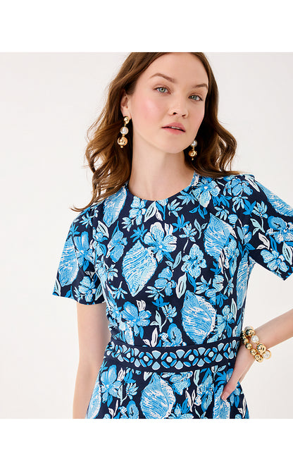 BRYNNE STRETCH SHIFT, LOW TIDE NAVY SEASHELL SPLENDOR ENGINEERED WOVEN SHIFT