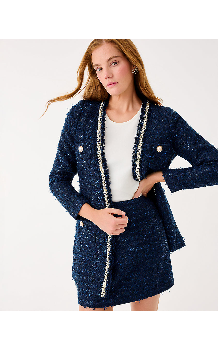 NEOMA BOUCLE JACKET, LOW TIDE NAVY AFTER PARTY LUREX BOUCLE