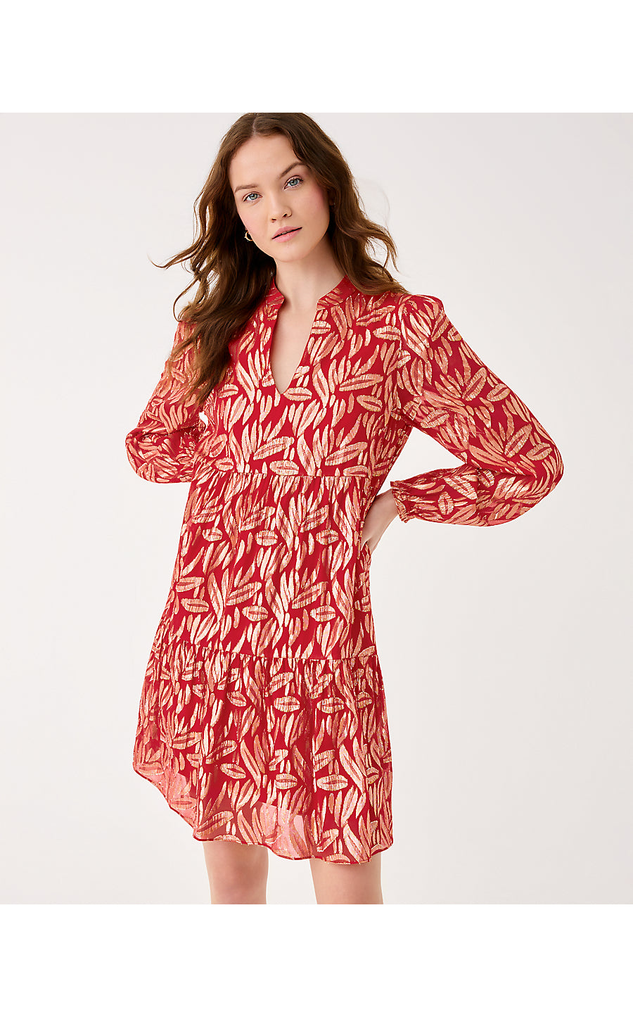 CORNELLIA SILK DRESS, CRANBERRY RED LEAFY BABE METALLIC SILK CLIP