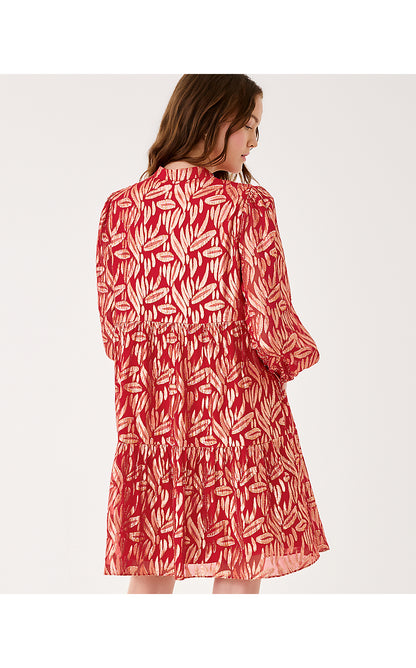 CORNELLIA SILK DRESS, CRANBERRY RED LEAFY BABE METALLIC SILK CLIP