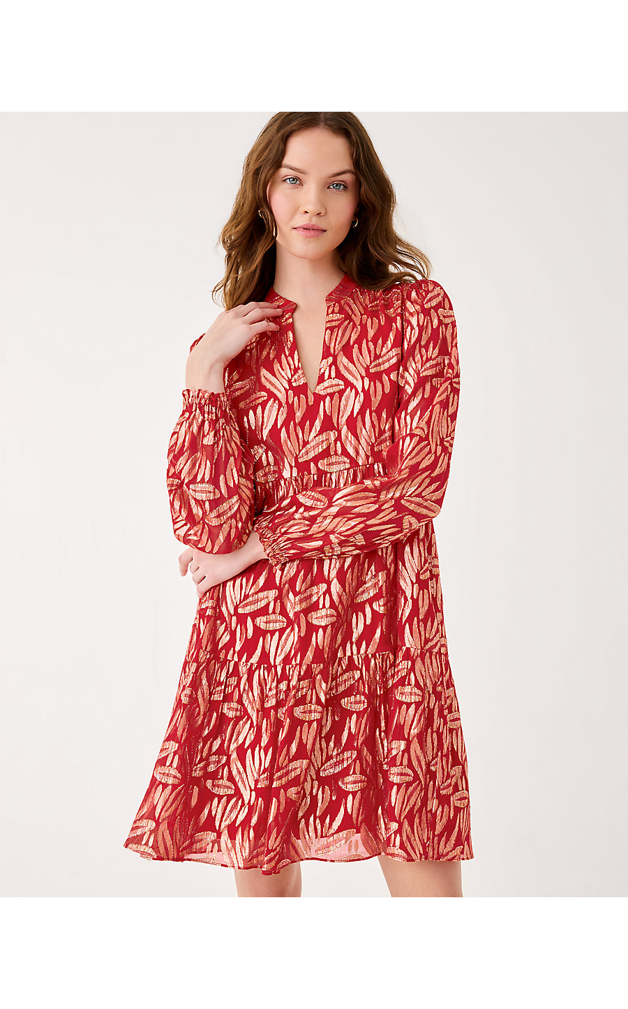 CORNELLIA SILK DRESS, CRANBERRY RED LEAFY BABE METALLIC SILK CLIP