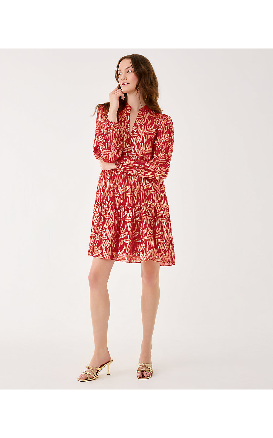 CORNELLIA SILK DRESS, CRANBERRY RED LEAFY BABE METALLIC SILK CLIP