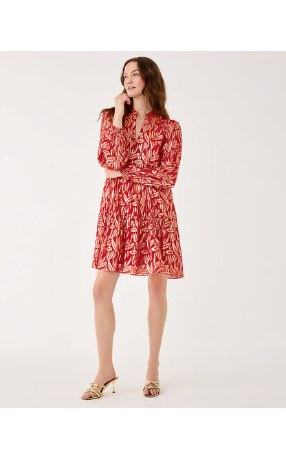 CORNELLIA SILK DRESS, CRANBERRY RED LEAFY BABE METALLIC SILK CLIP