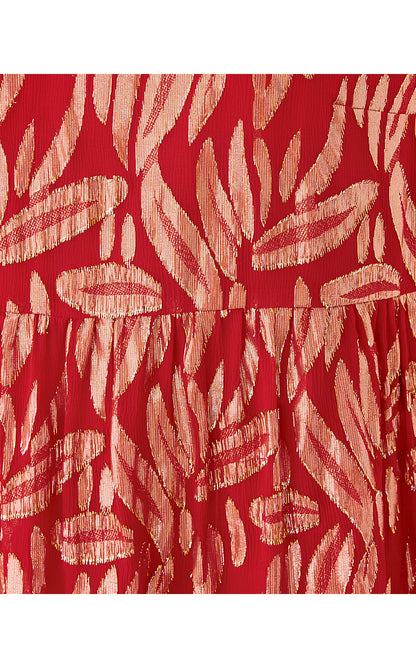 CORNELLIA SILK DRESS, CRANBERRY RED LEAFY BABE METALLIC SILK CLIP