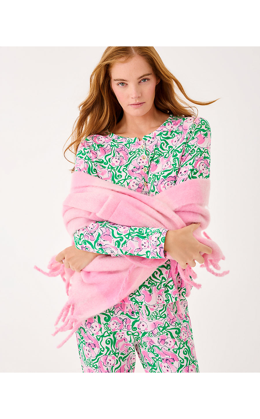 CAMELIA FRINGE WRAP, PINK QUARTZ X CONCH SHELL PINK