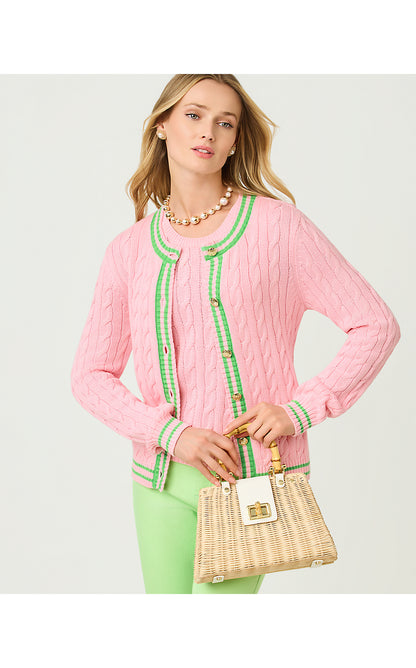 BROCKTON CREW NECK CARDIGAN, CONCH SHELL PINK X JACKFRUIT GREEN TIPPING