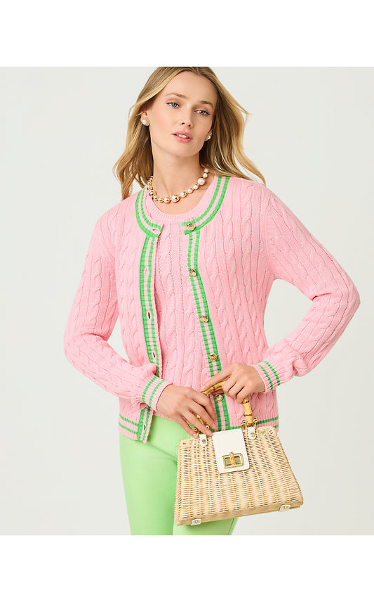 BROCKTON CREW NECK CARDIGAN, CONCH SHELL PINK X JACKFRUIT GREEN TIPPING