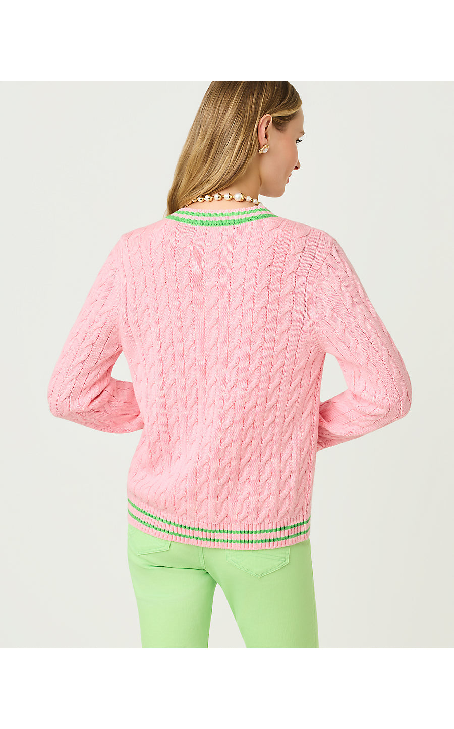 BROCKTON CREW NECK CARDIGAN, CONCH SHELL PINK X JACKFRUIT GREEN TIPPING