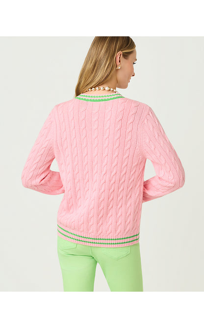 BROCKTON CREW NECK CARDIGAN, CONCH SHELL PINK X JACKFRUIT GREEN TIPPING