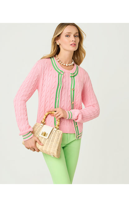 BROCKTON CREW NECK CARDIGAN, CONCH SHELL PINK X JACKFRUIT GREEN TIPPING