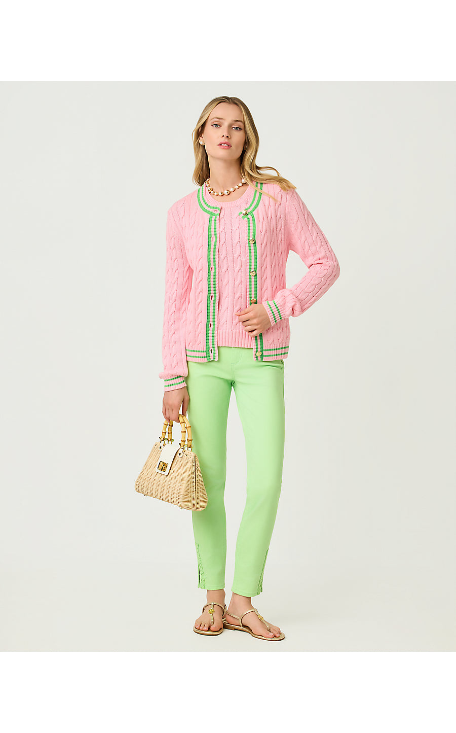 BROCKTON CREW NECK CARDIGAN, CONCH SHELL PINK X JACKFRUIT GREEN TIPPING