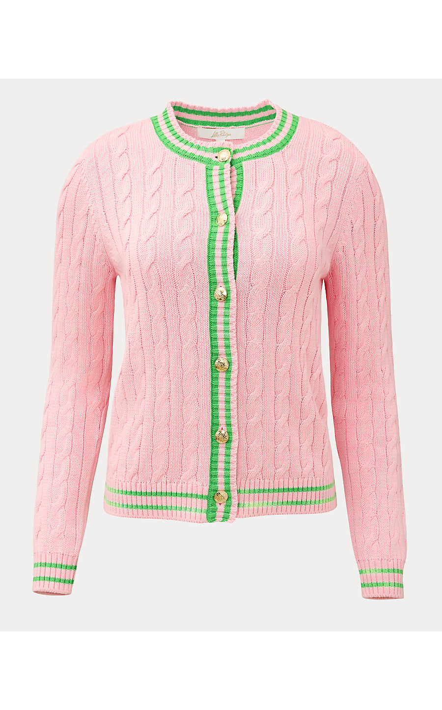 BROCKTON CREW NECK CARDIGAN, CONCH SHELL PINK X JACKFRUIT GREEN TIPPING