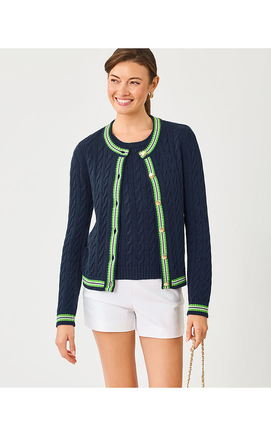 BROCKTON CREW NECK CARDIGAN, LOW TIDE NAVY X CHATEAU GREEN TIPPING