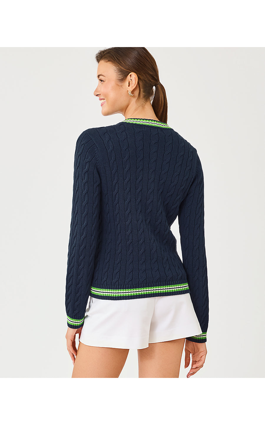 BROCKTON CREW NECK CARDIGAN, LOW TIDE NAVY X CHATEAU GREEN TIPPING