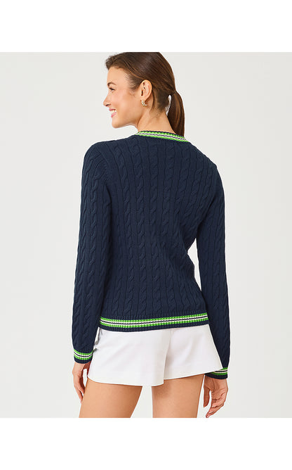 BROCKTON CREW NECK CARDIGAN, LOW TIDE NAVY X CHATEAU GREEN TIPPING
